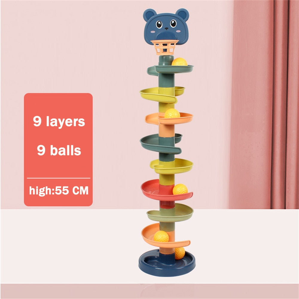 Torre de juguete con pelotas rodantes y aro de basquetbol